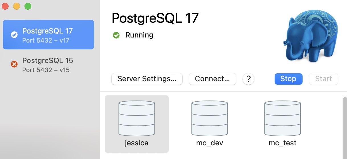 Postgres desktop app with a postgresql 17 server running and several databases displayed. On the left nav there is a postgres 15 server available but not started