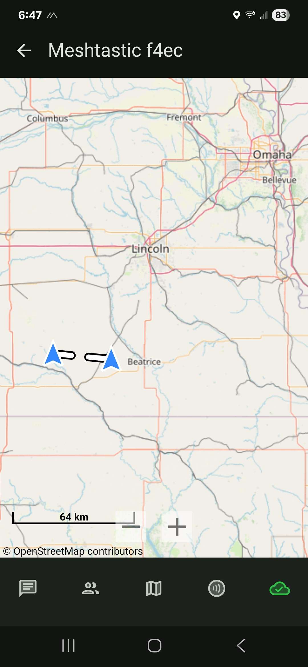 A line across part of southeastern Nebraska where I was in contact with a node as someone flew overhead.
