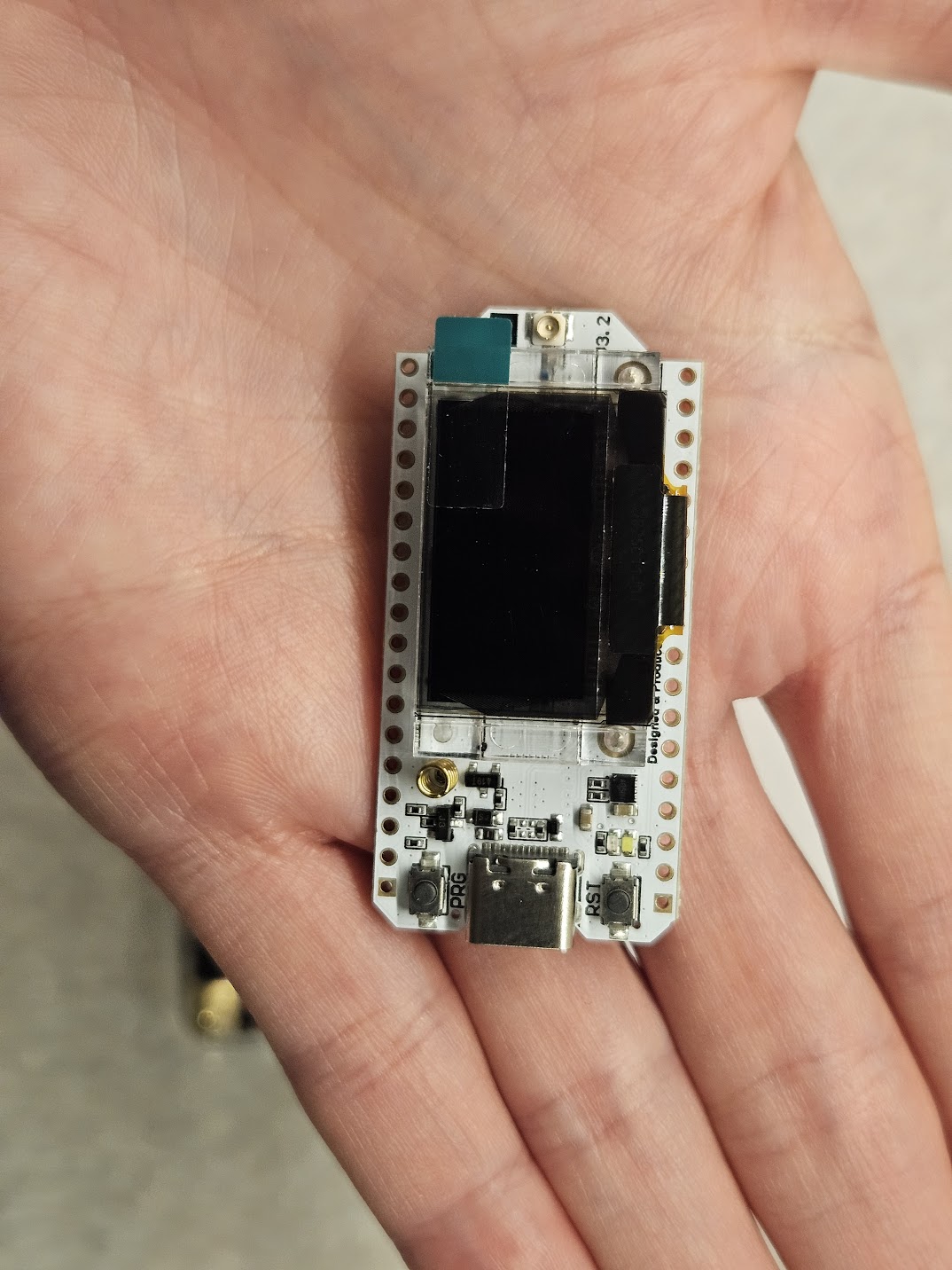 A board about 1 inch by 2 inches with a tiny screen sitting in the palm of my hand.