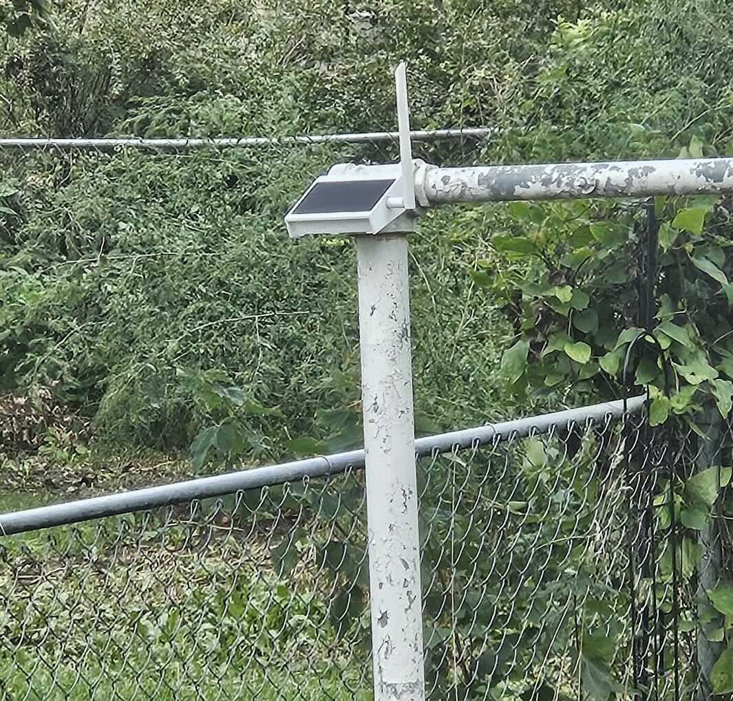 An old laundry pole in a green backyard. On the top is a white device with a small solar panel and an antenna.