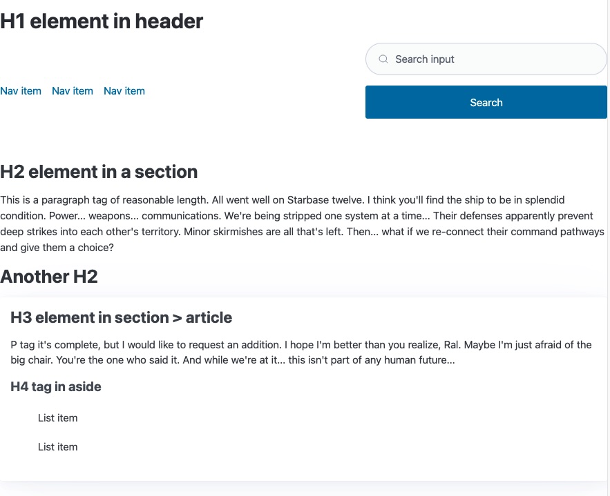 Nice looking page, horizontal nav bar is a little awkward because of large search button and input. Headings and text black on light background. Article has border around it and white background.