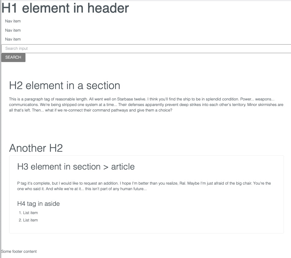 Light grey elements on white background. Navbar vertical, full length search input with search button. Article has border around it. Font size is quite small.