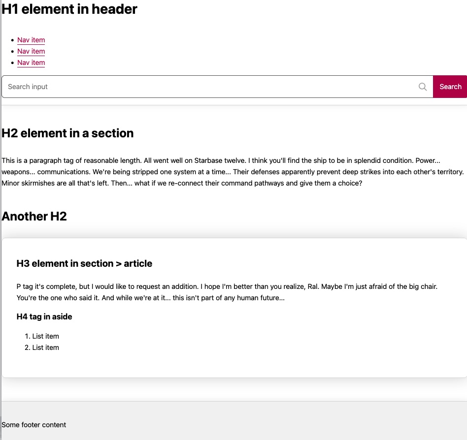Page with vertical pink nav list, full width search bar with stylized pink button attached to input, footer has separate grey bar. The article is surrounded by an outline with shadow.