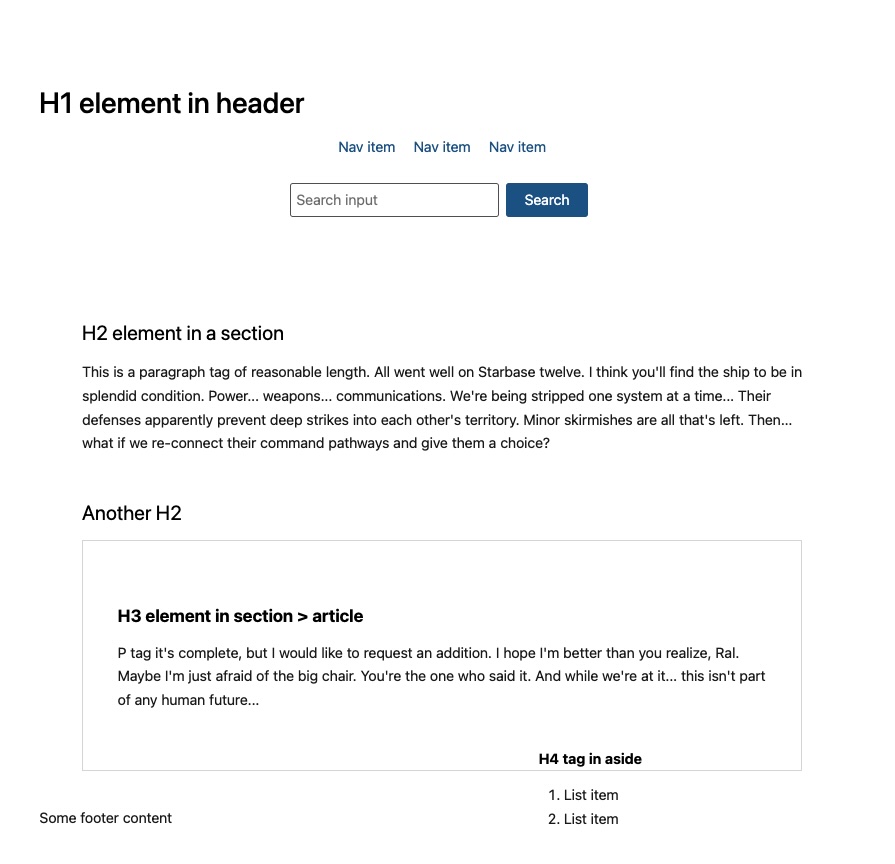 simple html page with centered horizontal nav items and search bar below, readable text with generous margins, article with border, and aside that is floating over the article in an awkward way