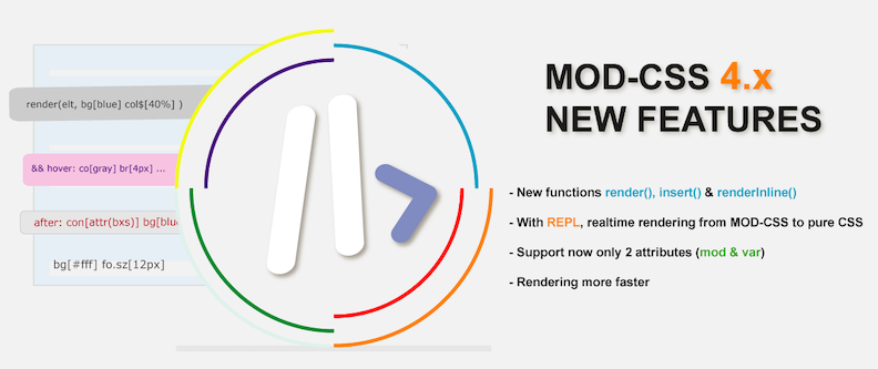 MOD-CSS banner with a series of bullet points touting new functions such as render, insert, and renderinline, realtime and faster rendering
