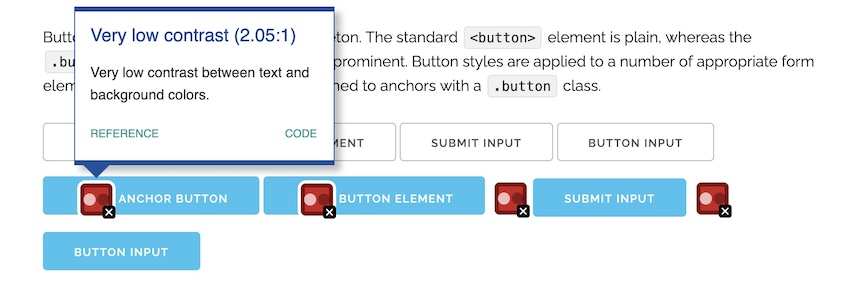 Skeleton buttons with accessibility scanner indicating low contrast of text and button background