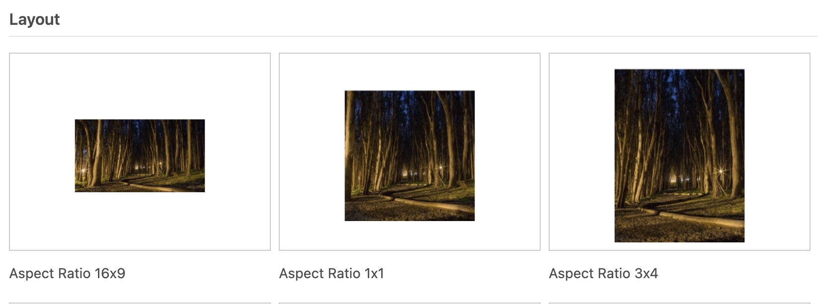 Gallery with heading layout and three examples of aspect ratios